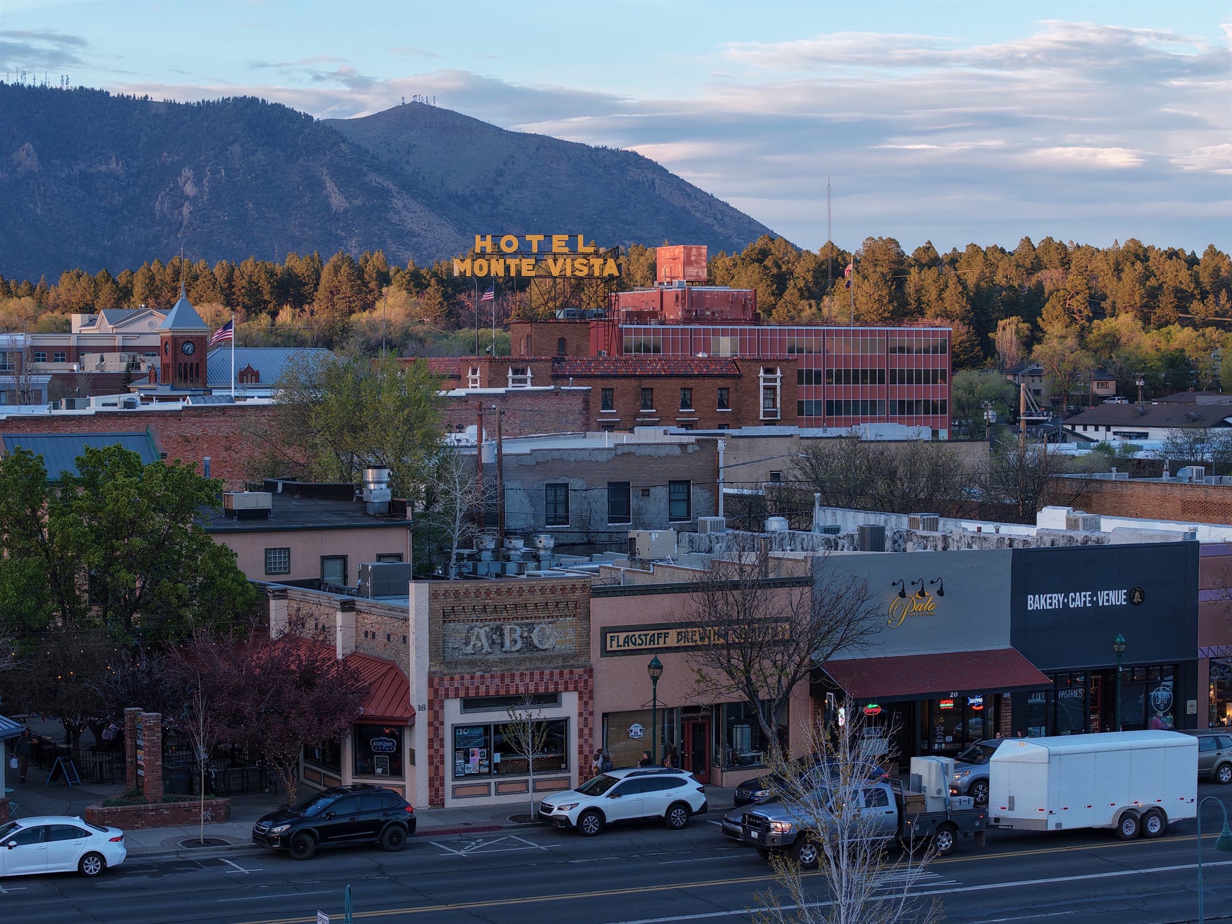 Aerial view of the historic Hotel Monte Vista in downtown Flagstaff