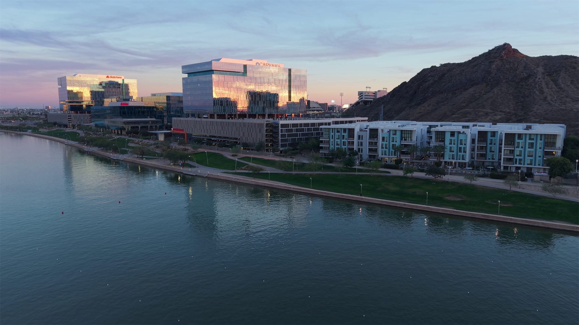 Aerial drone view of the Tempe river and surrounding skyline