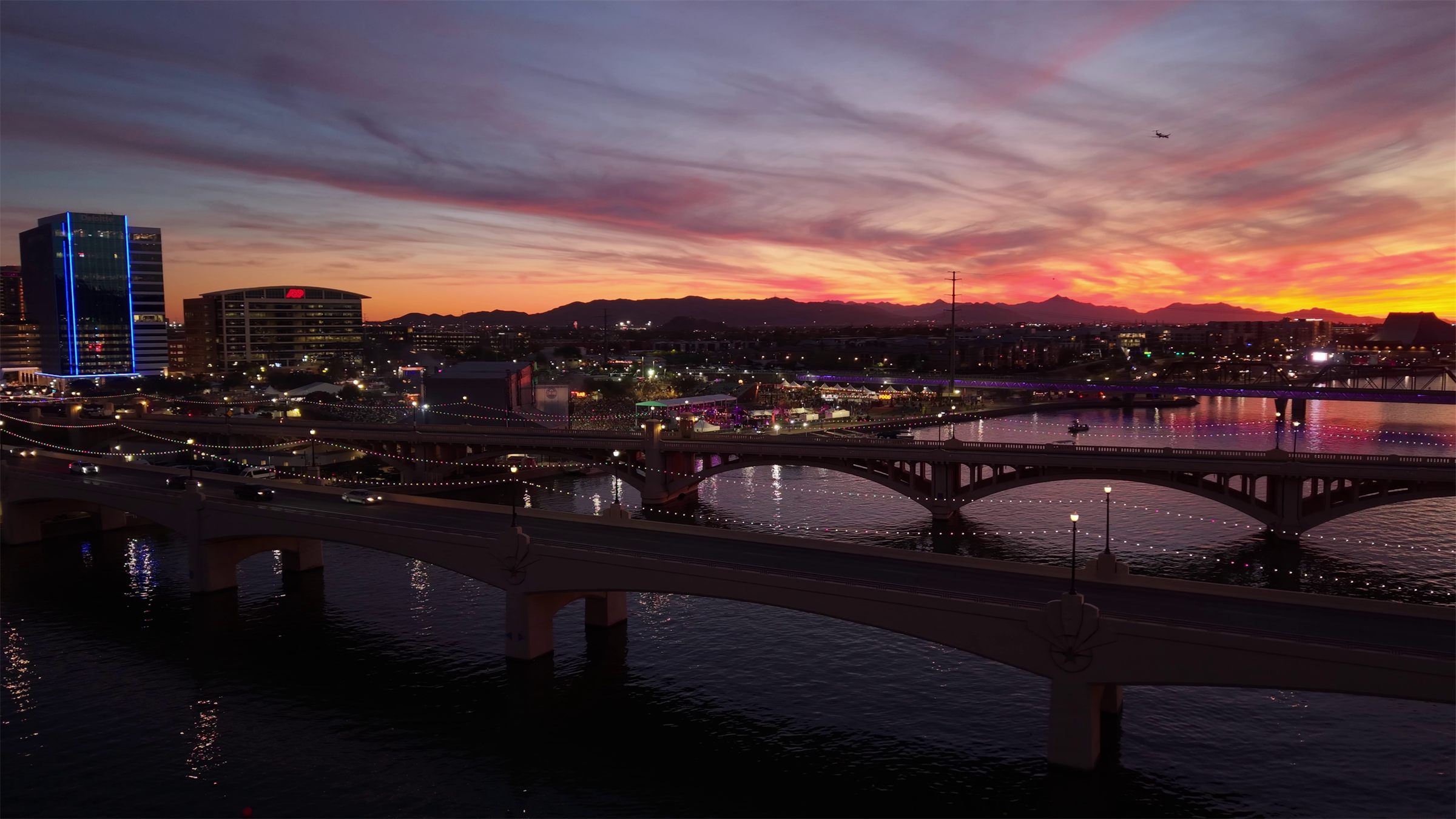 Aerial drone view of the Tempe river and surrounding skyline